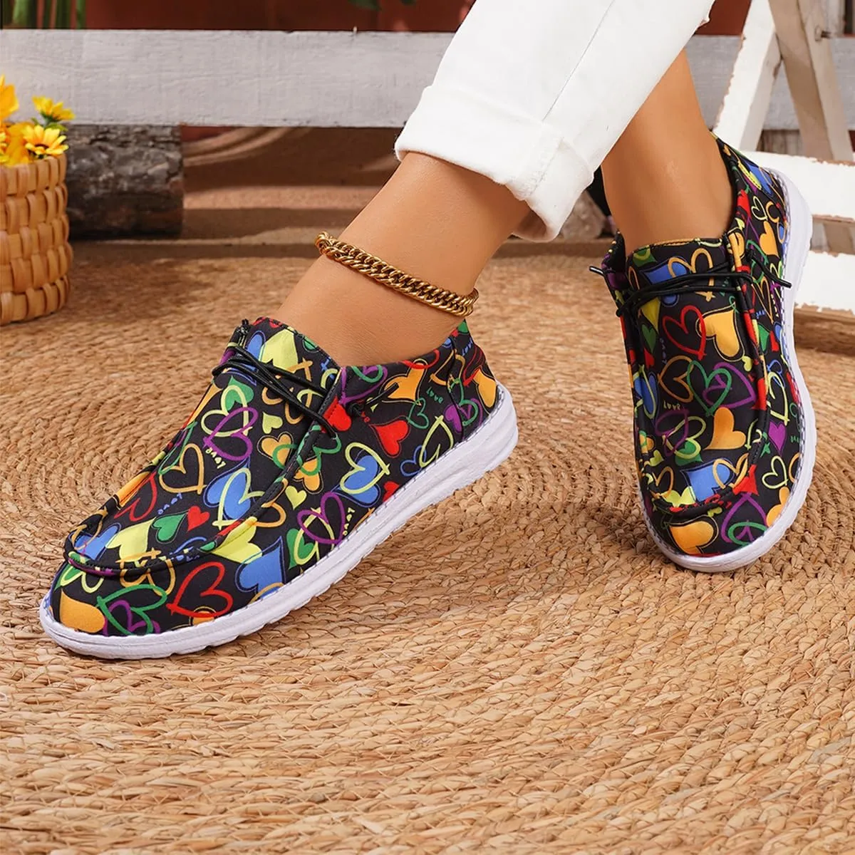 Women's Cute Print Pattern Boat Shoes Comfortable Lightweight Loafers Easy Slip On Lightweight Deck Shoes Elastic Laces Outdoor Slip On Flat Shoes Breathable Canvas Shoes Fashion Sneakers US Size 6-10