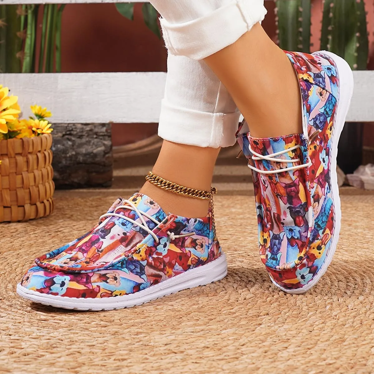 Women's Cute Print Pattern Boat Shoes Comfortable Lightweight Loafers Easy Slip On Lightweight Deck Shoes Elastic Laces Outdoor Slip On Flat Shoes Breathable Canvas Shoes Fashion Sneakers US Size 6-10
