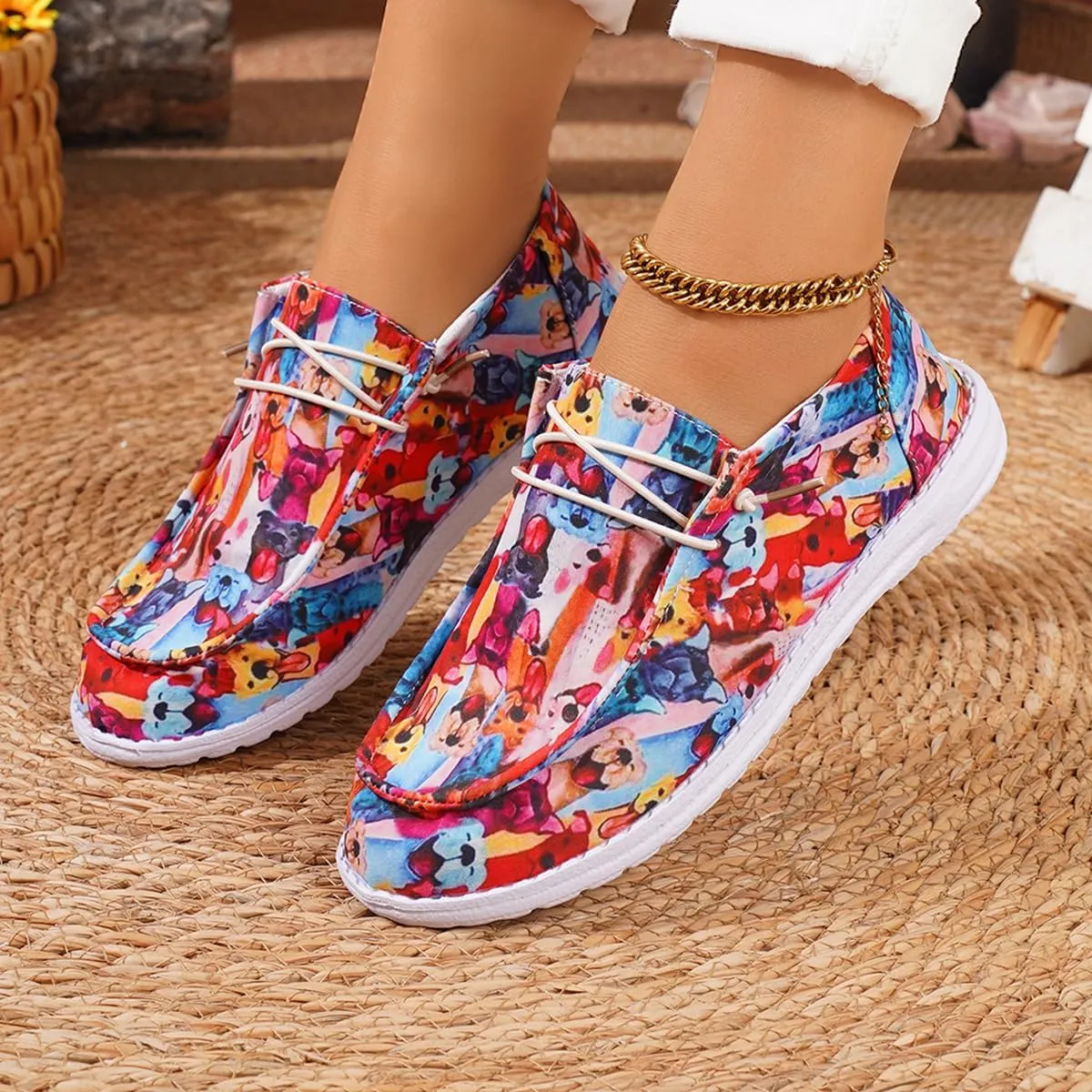 Women's Cute Print Pattern Boat Shoes Comfortable Lightweight Loafers Easy Slip On Lightweight Deck Shoes Elastic Laces Outdoor Slip On Flat Shoes Breathable Canvas Shoes Fashion Sneakers US Size 6-10