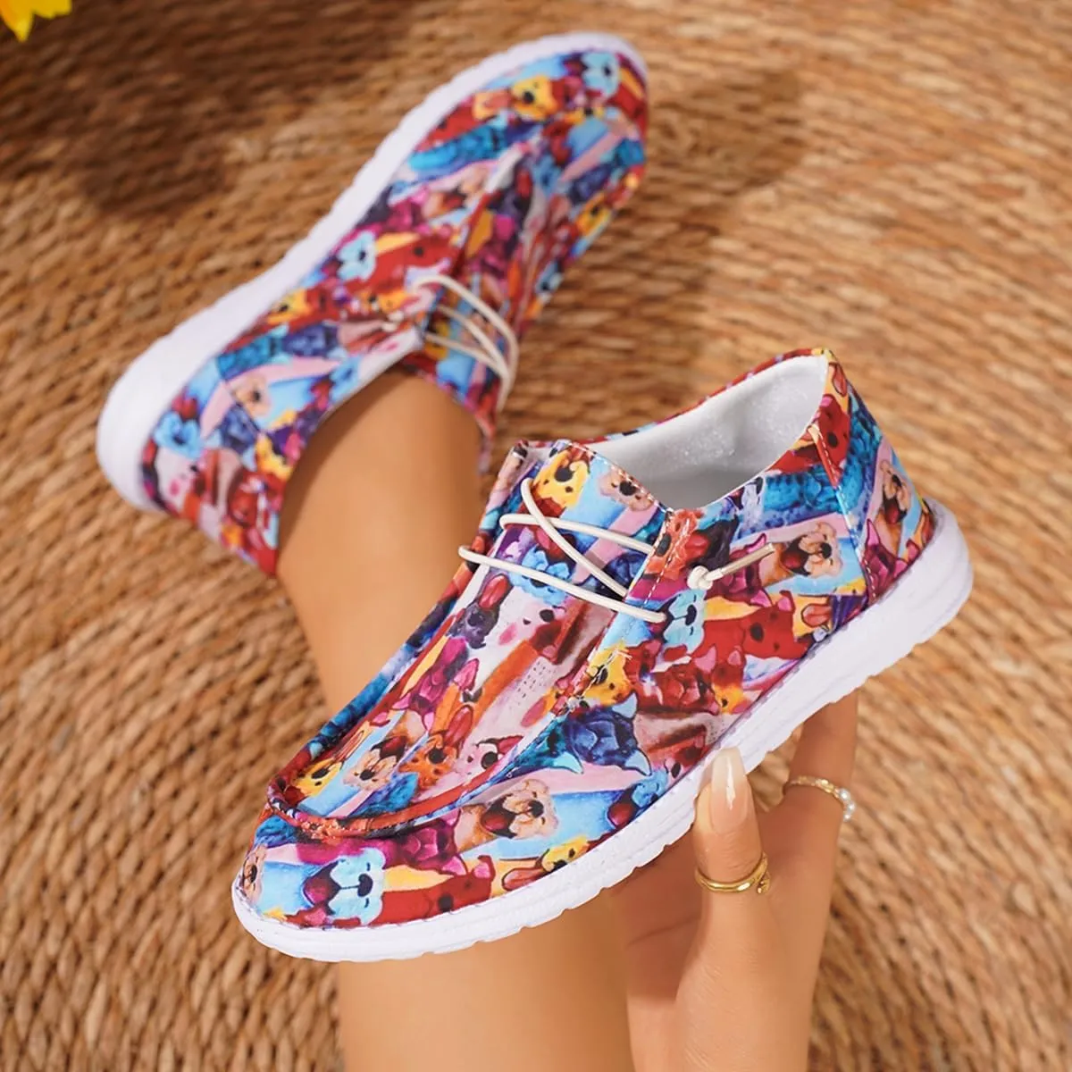 Women's Cute Print Pattern Boat Shoes Comfortable Lightweight Loafers Easy Slip On Lightweight Deck Shoes Elastic Laces Outdoor Slip On Flat Shoes Breathable Canvas Shoes Fashion Sneakers US Size 6-10