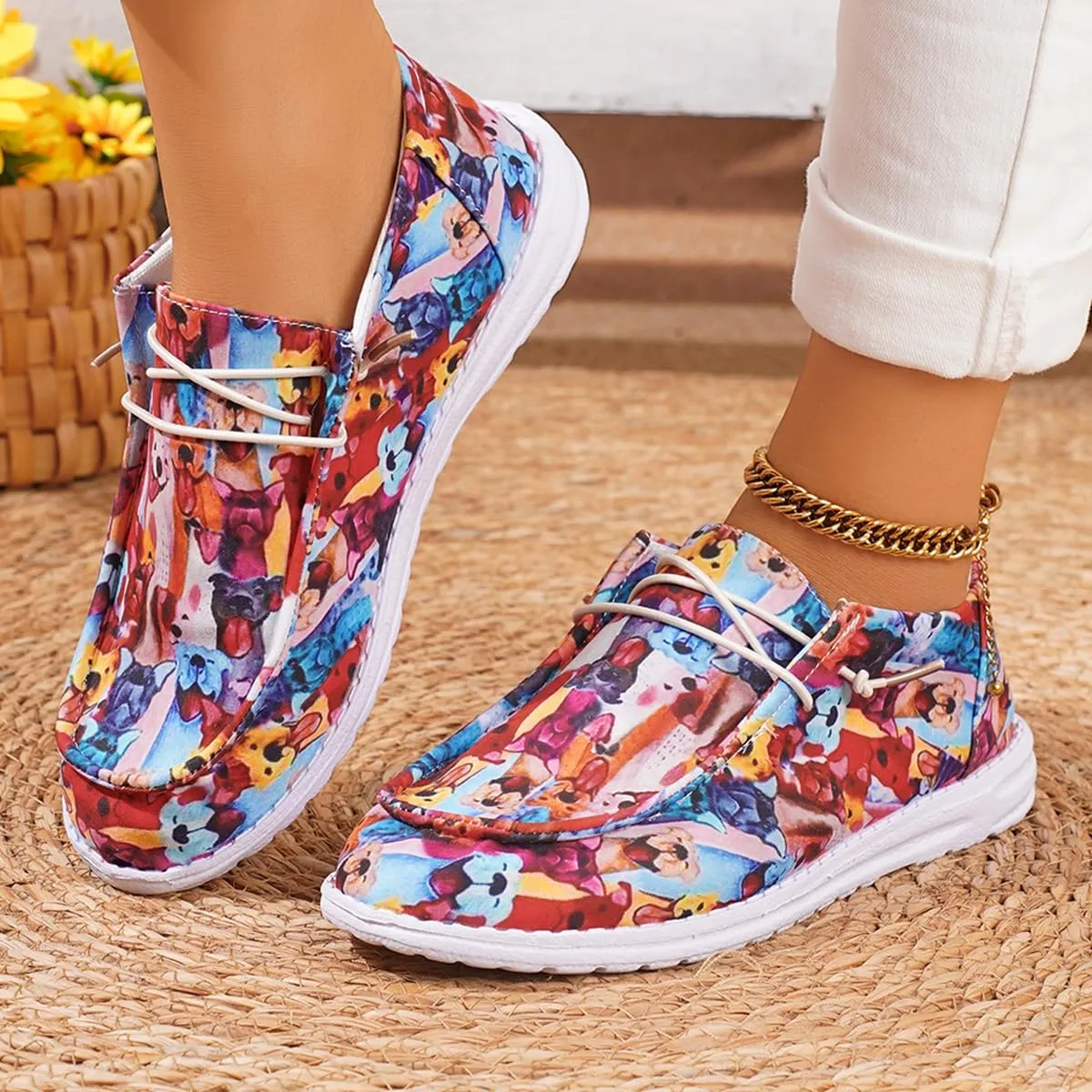 Women's Cute Print Pattern Boat Shoes Comfortable Lightweight Loafers Easy Slip On Lightweight Deck Shoes Elastic Laces Outdoor Slip On Flat Shoes Breathable Canvas Shoes Fashion Sneakers US Size 6-10