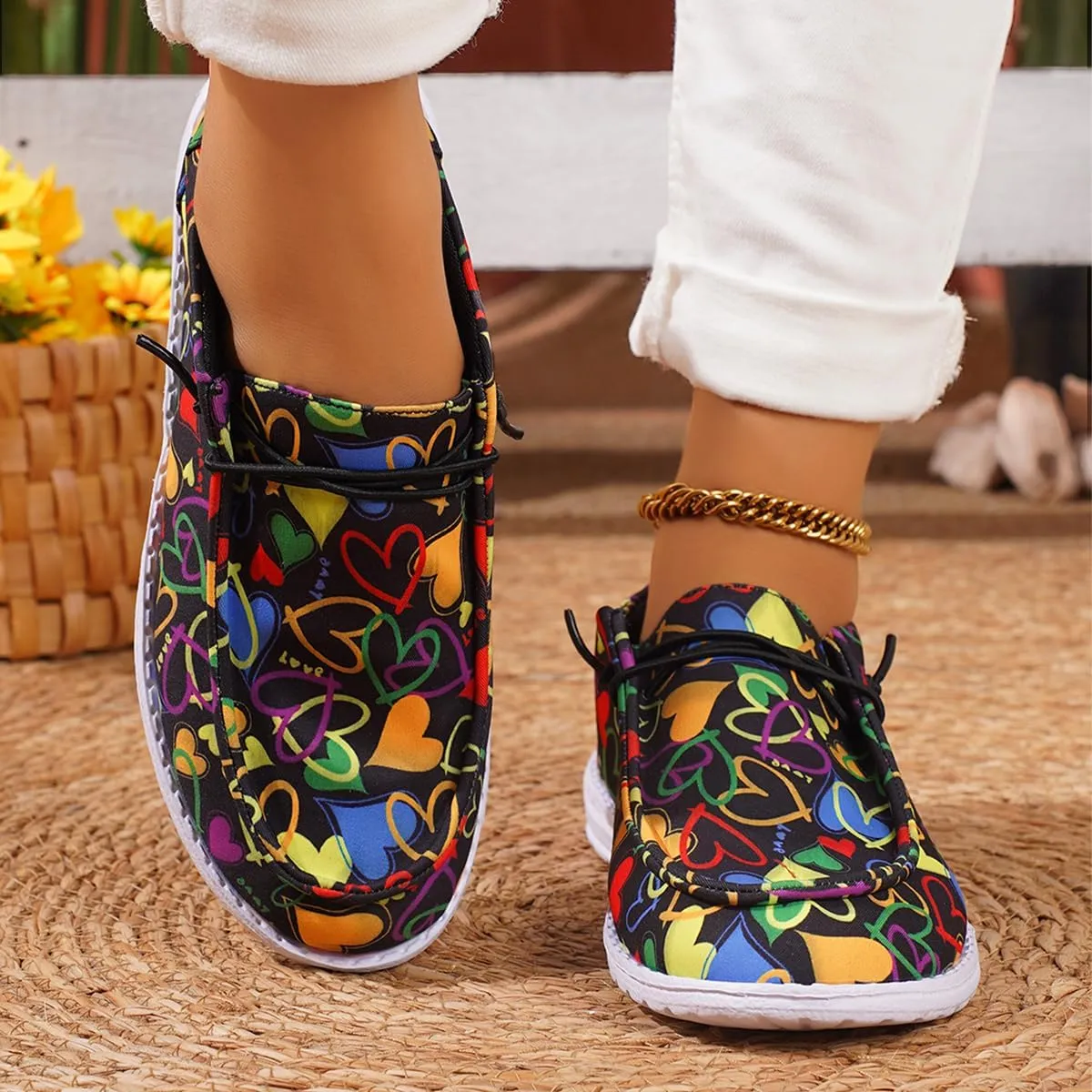 Women's Cute Print Pattern Boat Shoes Comfortable Lightweight Loafers Easy Slip On Lightweight Deck Shoes Elastic Laces Outdoor Slip On Flat Shoes Breathable Canvas Shoes Fashion Sneakers US Size 6-10