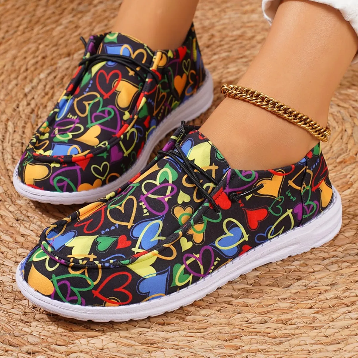 Women's Cute Print Pattern Boat Shoes Comfortable Lightweight Loafers Easy Slip On Lightweight Deck Shoes Elastic Laces Outdoor Slip On Flat Shoes Breathable Canvas Shoes Fashion Sneakers US Size 6-10