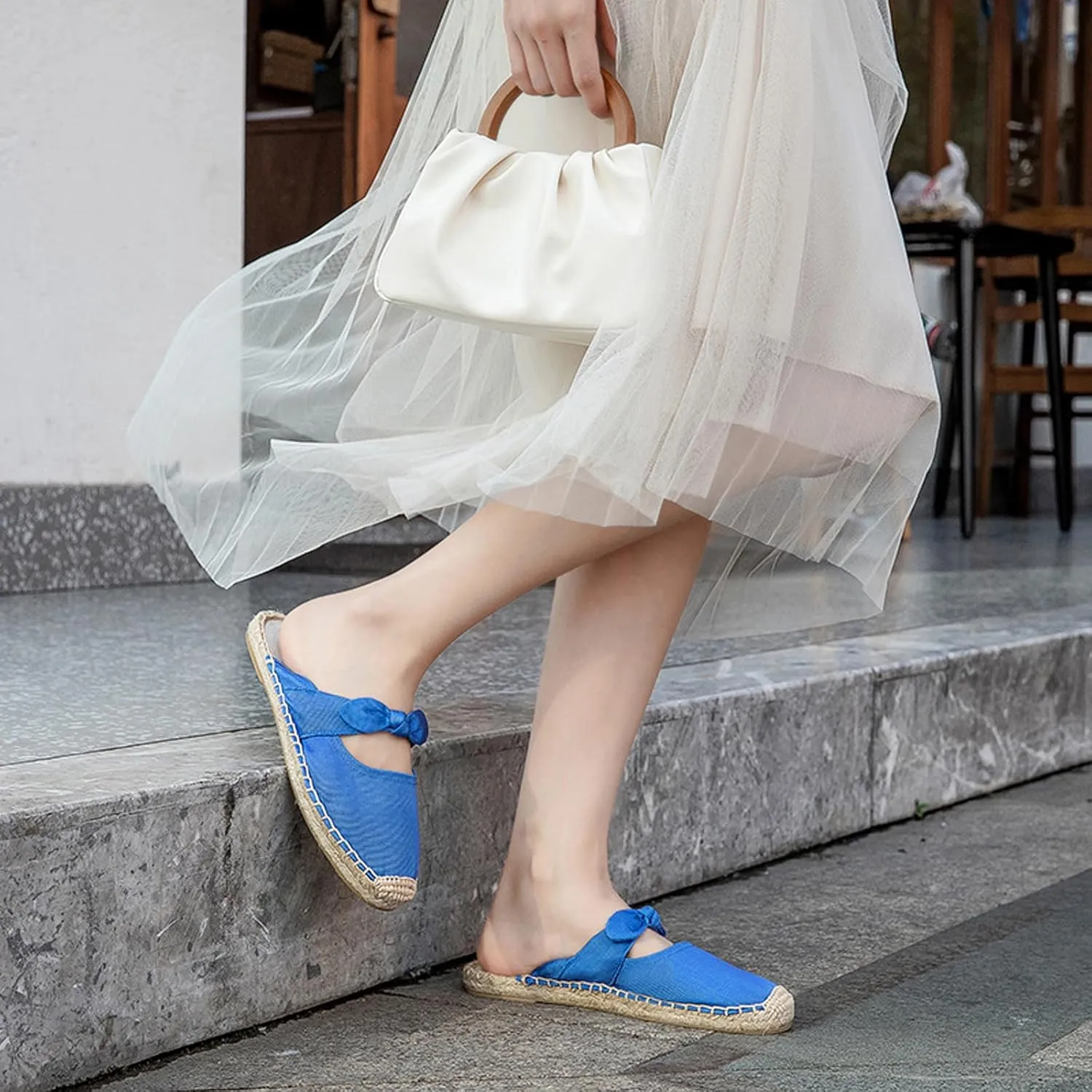 Women's Fashion Canvas Bow Espadrille Flat Mules Comfort Closed Round Toe Slip-On Backless Loafers Summer Casual Walking Slides