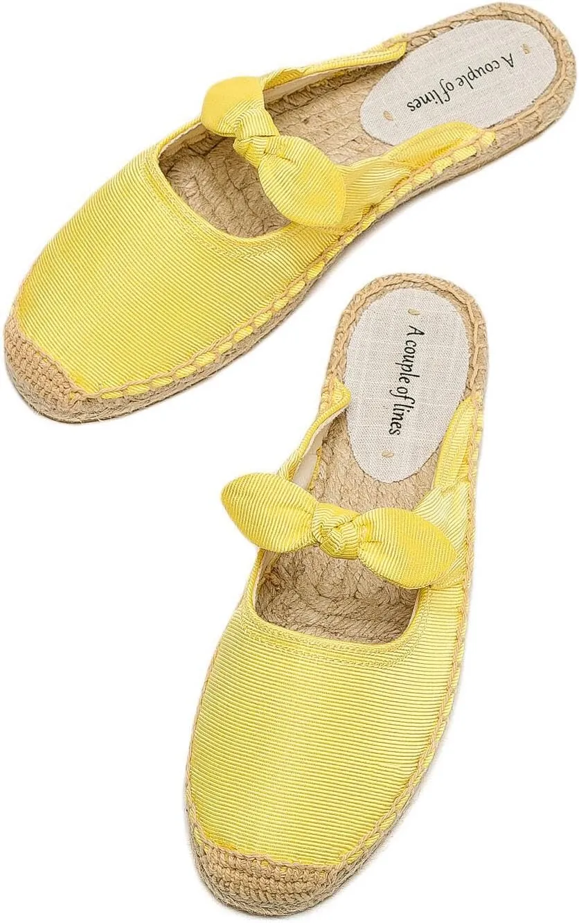 Women's Fashion Canvas Bow Espadrille Flat Mules Comfort Closed Round Toe Slip-On Backless Loafers Summer Casual Walking Slides