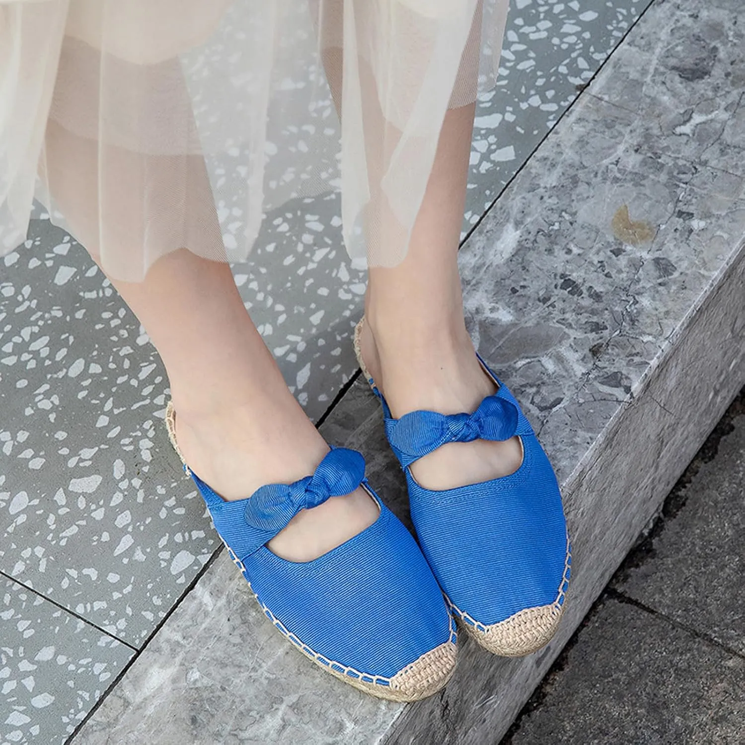 Women's Fashion Canvas Bow Espadrille Flat Mules Comfort Closed Round Toe Slip-On Backless Loafers Summer Casual Walking Slides