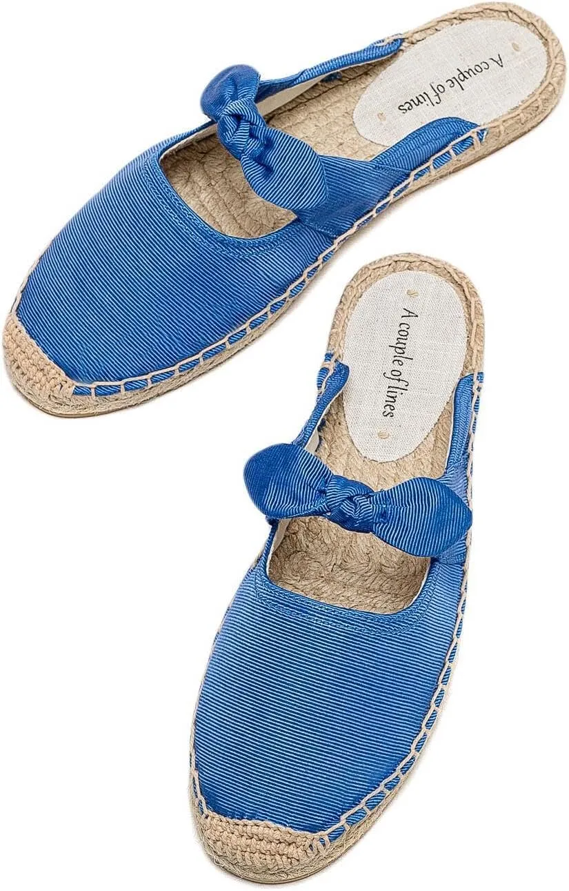 Women's Fashion Canvas Bow Espadrille Flat Mules Comfort Closed Round Toe Slip-On Backless Loafers Summer Casual Walking Slides