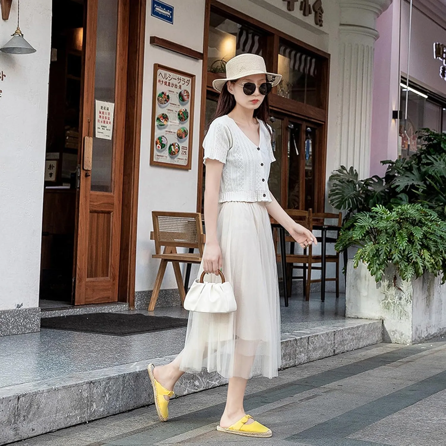 Women's Fashion Canvas Bow Espadrille Flat Mules Comfort Closed Round Toe Slip-On Backless Loafers Summer Casual Walking Slides