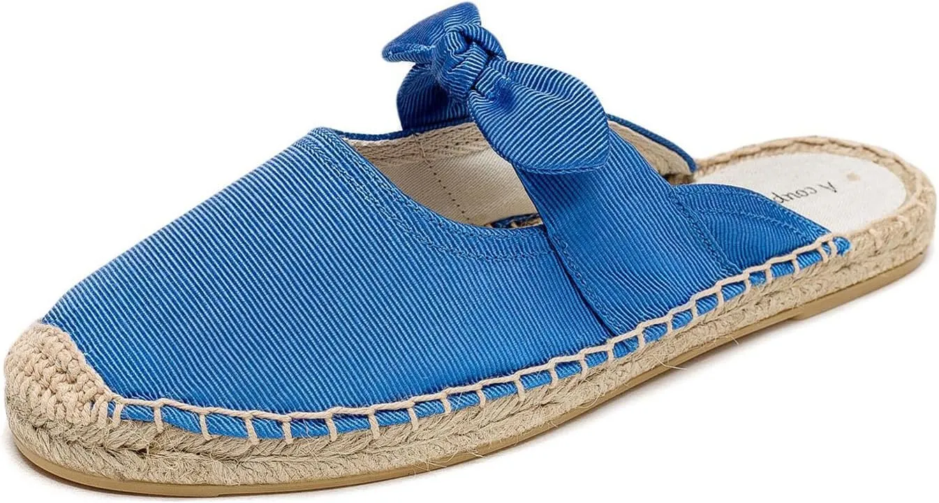 Women's Fashion Canvas Bow Espadrille Flat Mules Comfort Closed Round Toe Slip-On Backless Loafers Summer Casual Walking Slides