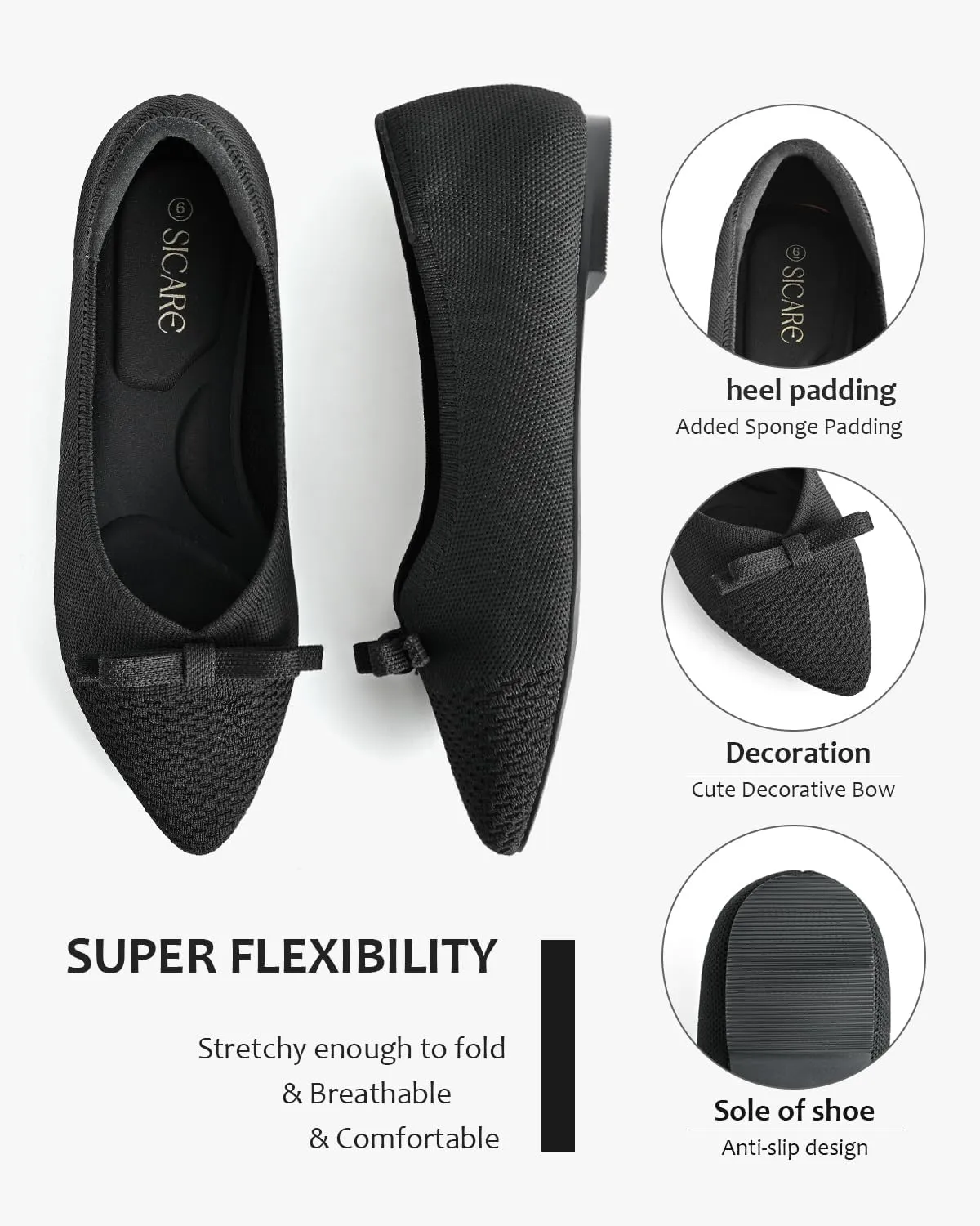 Women's Flats Bow Knit Ballet Flats Round Toe Comfortable Flats Dress Shoes Slip on Casual Dressy Flats for Office Work Foldable Soft Shoes Walking Flats