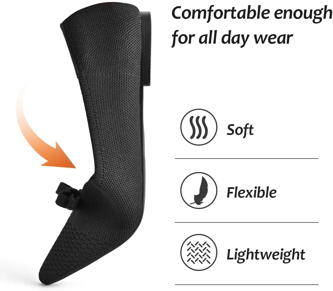 Women's Flats Bow Knit Ballet Flats Round Toe Comfortable Flats Dress Shoes Slip on Casual Dressy Flats for Office Work Foldable Soft Shoes Walking Flats