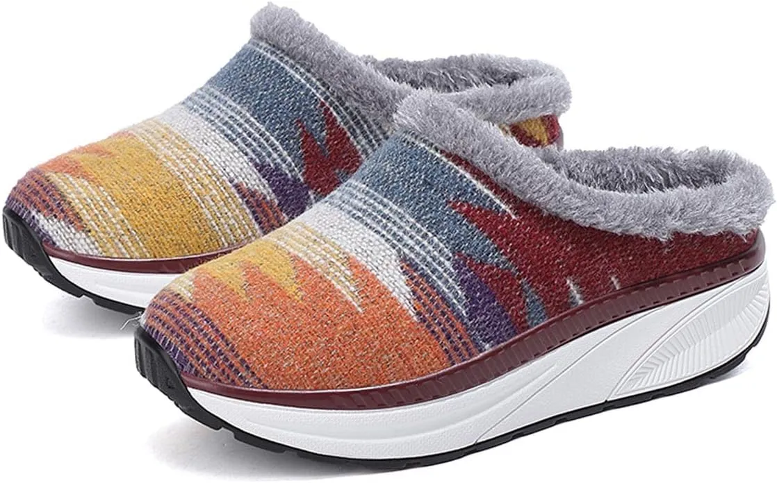 Women's Fur Lined Mules Shoes Slip On Garden Clogs Comfort Wedge Clogs Winter Warm Fuzzy Platform Clogs Slipper