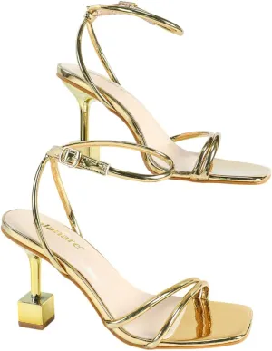 Women’s Gold Crisscross Square-Toe High-Heeled Sandals – Unique Cube Heel Party Shoes for Banquets, Galas & Fashion Events (Sizes 6–10.5)