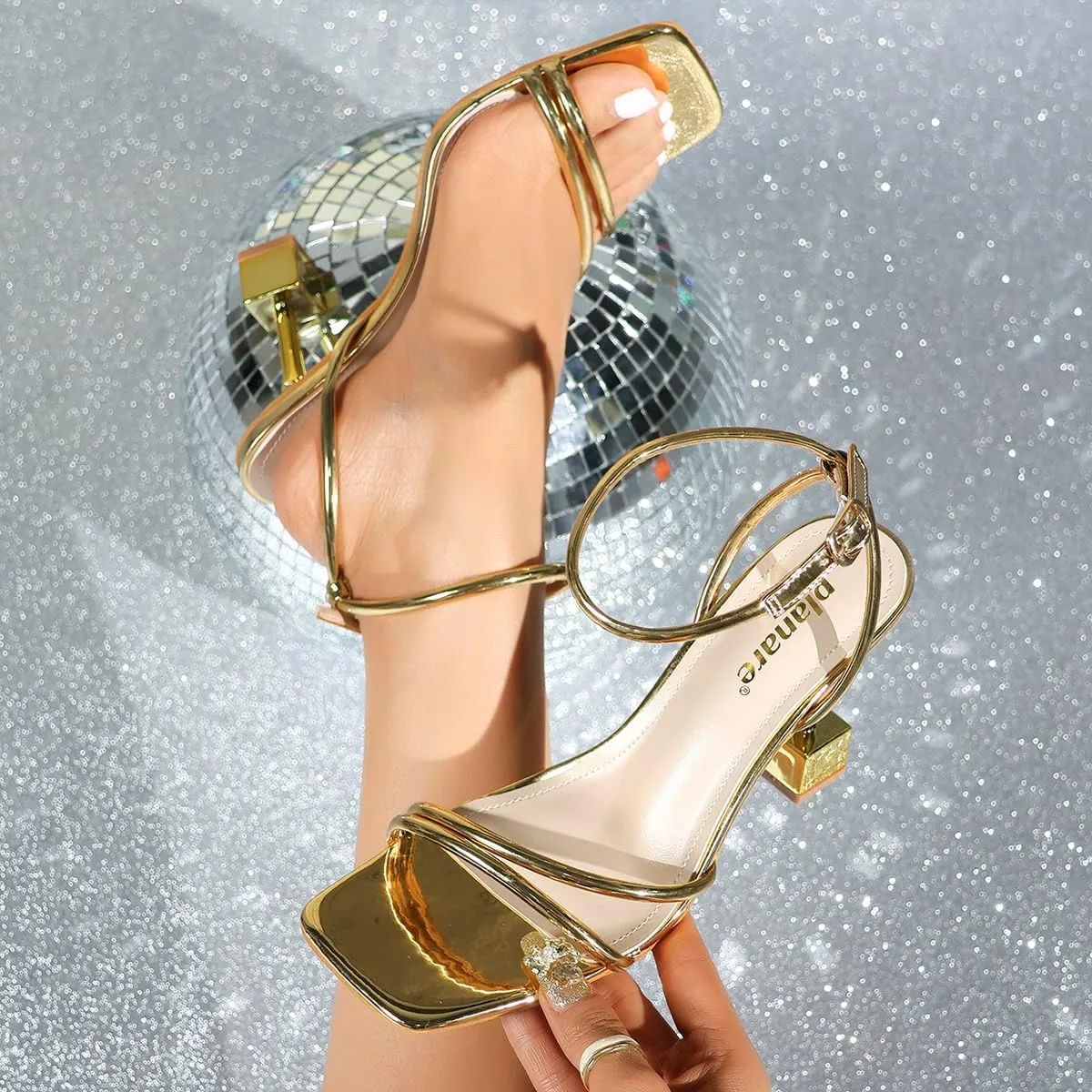 Women’s Gold Crisscross Square-Toe High-Heeled Sandals – Unique Cube Heel Party Shoes for Banquets, Galas & Fashion Events (Sizes 6–10.5)