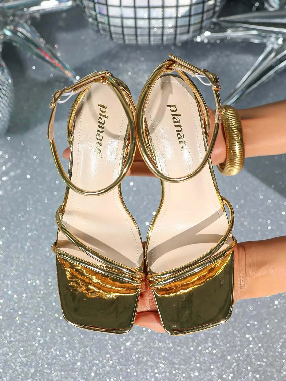 Women’s Gold Crisscross Square-Toe High-Heeled Sandals – Unique Cube Heel Party Shoes for Banquets, Galas & Fashion Events (Sizes 6–10.5)