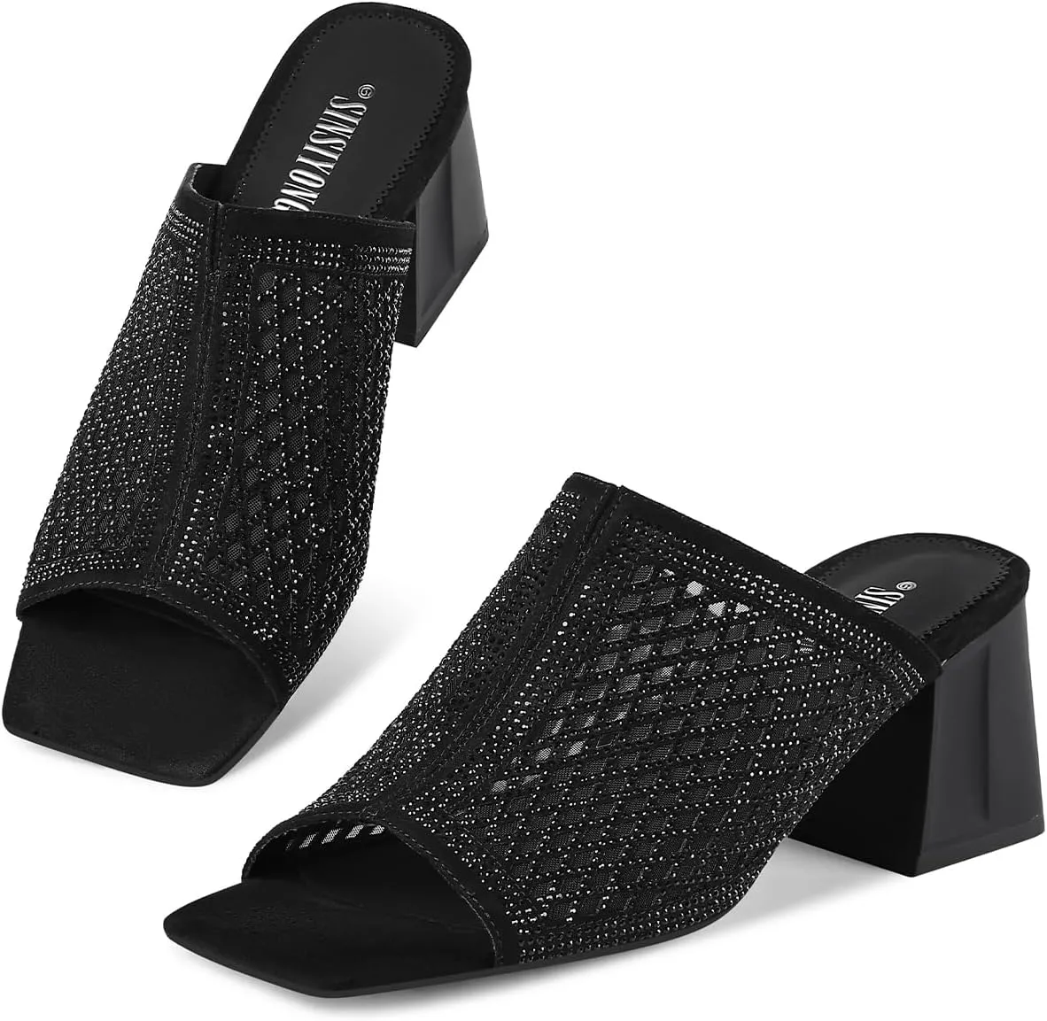 Women's Heeled Mules Open Toe Block Heel Sandals Comfortable Rhinestones Pumps