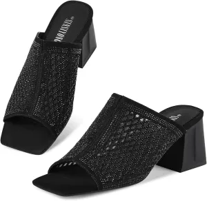 Women's Heeled Mules Open Toe Block Heel Sandals Comfortable Rhinestones Pumps