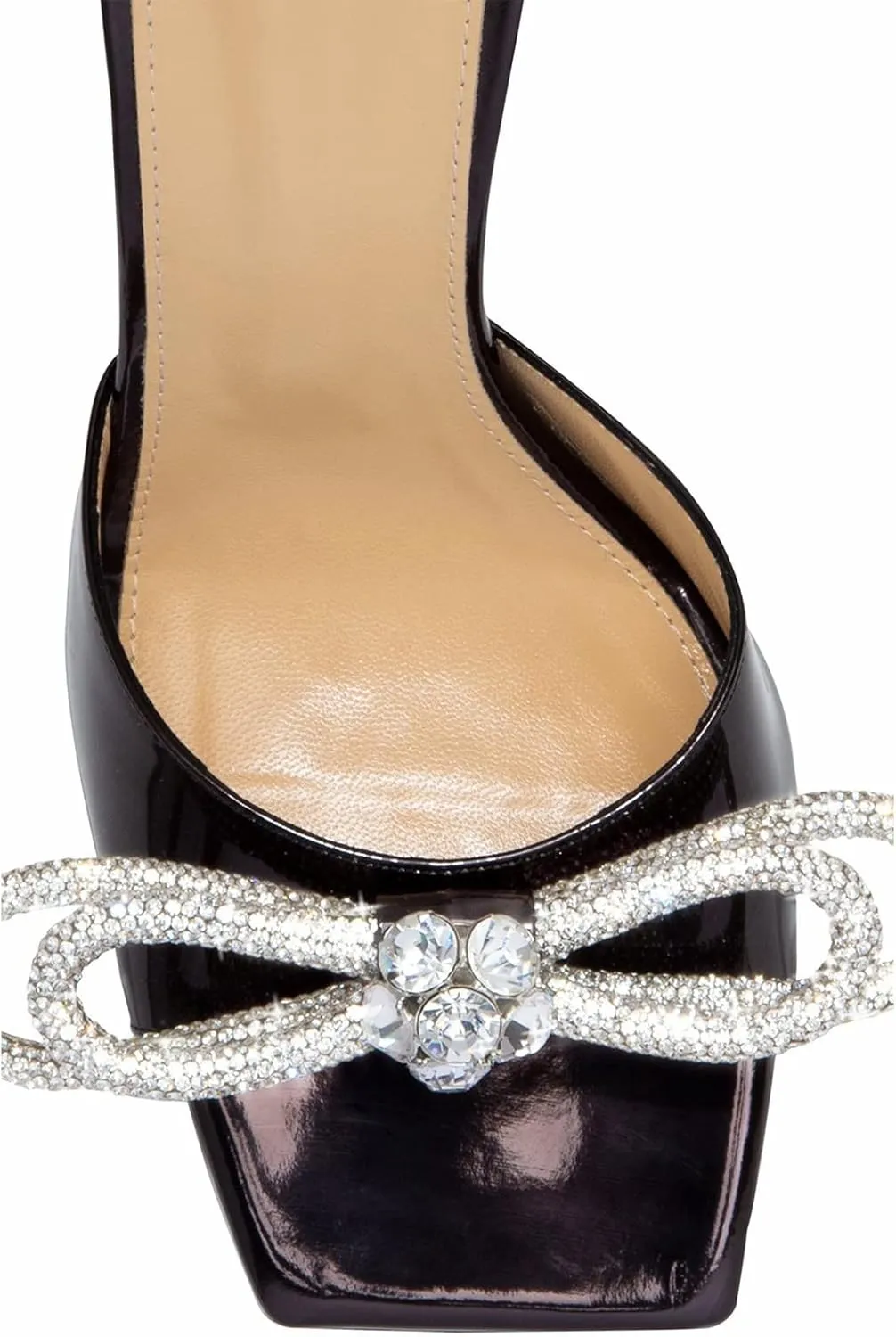 Women's Heeled Sandals Double Rhinestones Bow Satin Mules Square Open Toe Slip on Stilettos Clear Heels Wedding Party Dress Shoes