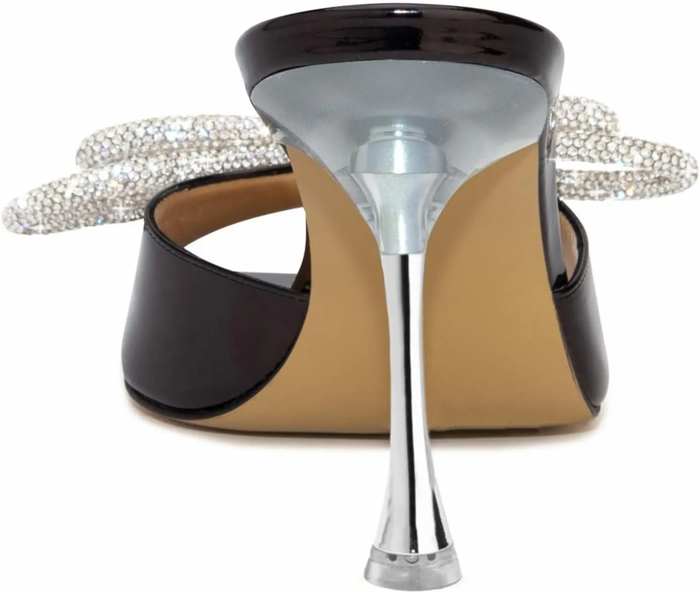 Women's Heeled Sandals Double Rhinestones Bow Satin Mules Square Open Toe Slip on Stilettos Clear Heels Wedding Party Dress Shoes