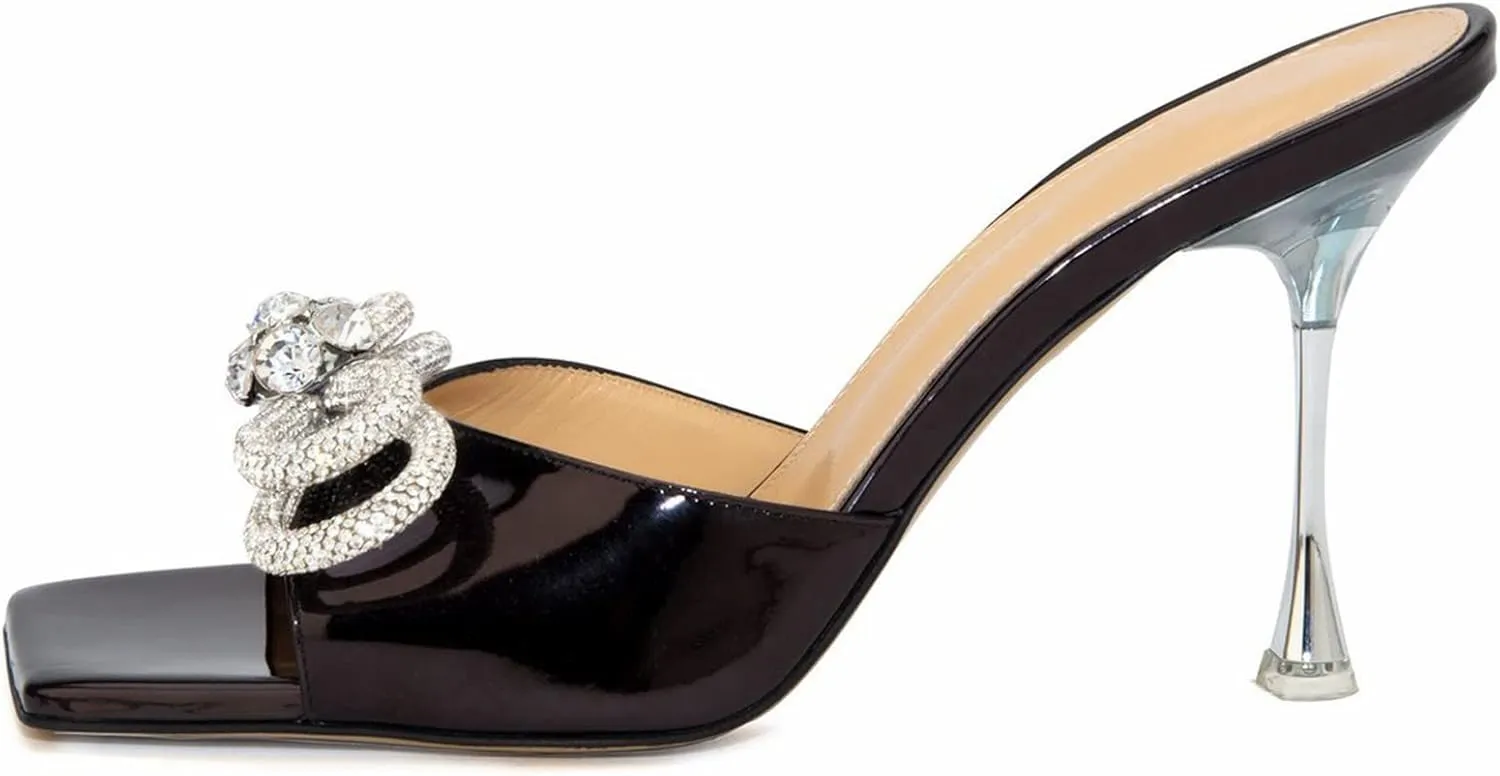 Women's Heeled Sandals Double Rhinestones Bow Satin Mules Square Open Toe Slip on Stilettos Clear Heels Wedding Party Dress Shoes