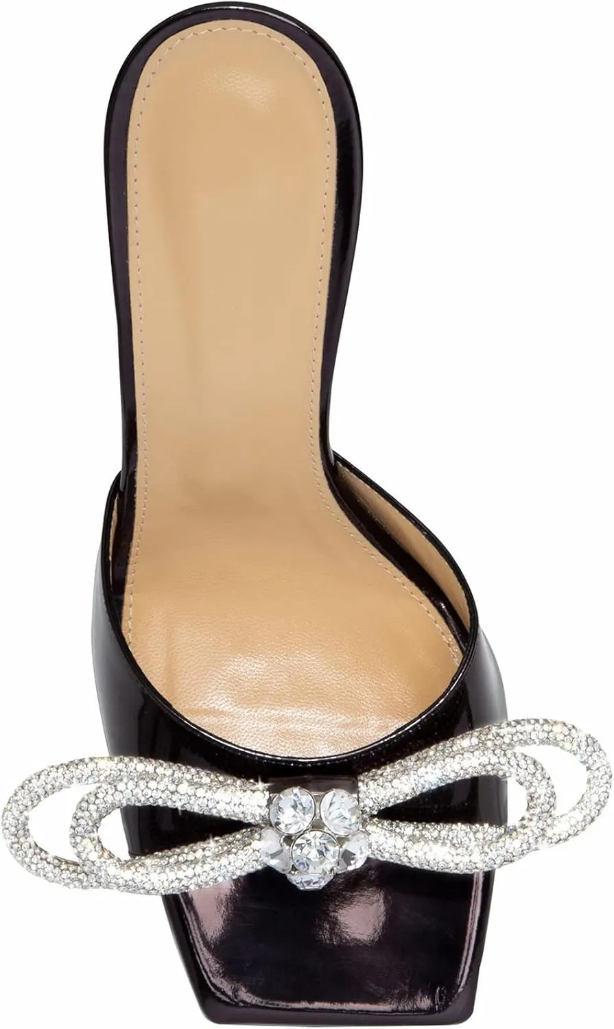 Women's Heeled Sandals Double Rhinestones Bow Satin Mules Square Open Toe Slip on Stilettos Clear Heels Wedding Party Dress Shoes