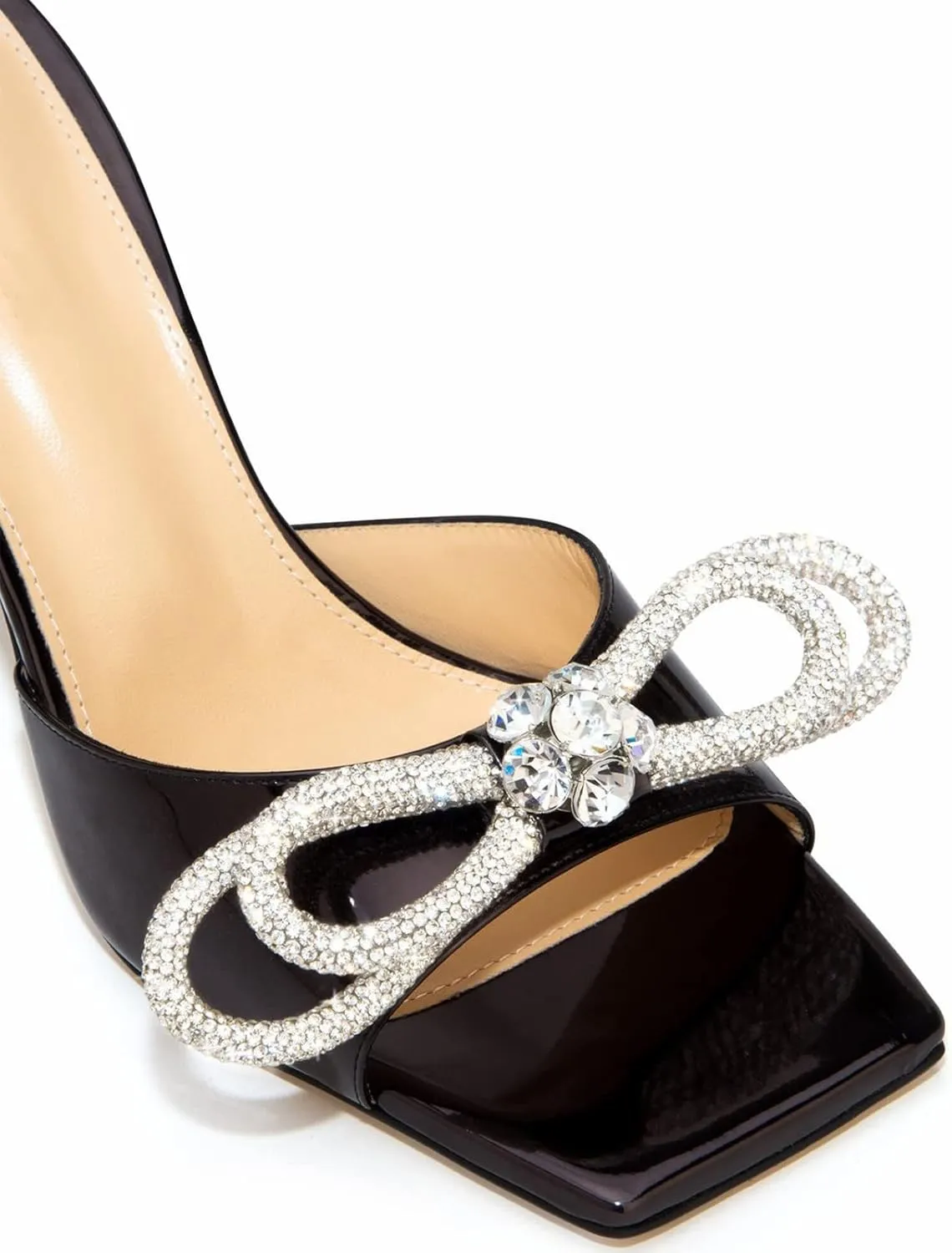 Women's Heeled Sandals Double Rhinestones Bow Satin Mules Square Open Toe Slip on Stilettos Clear Heels Wedding Party Dress Shoes