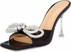 Women's Heeled Sandals Double Rhinestones Bow Satin Mules Square Open Toe Slip on Stilettos Clear Heels Wedding Party Dress Shoes