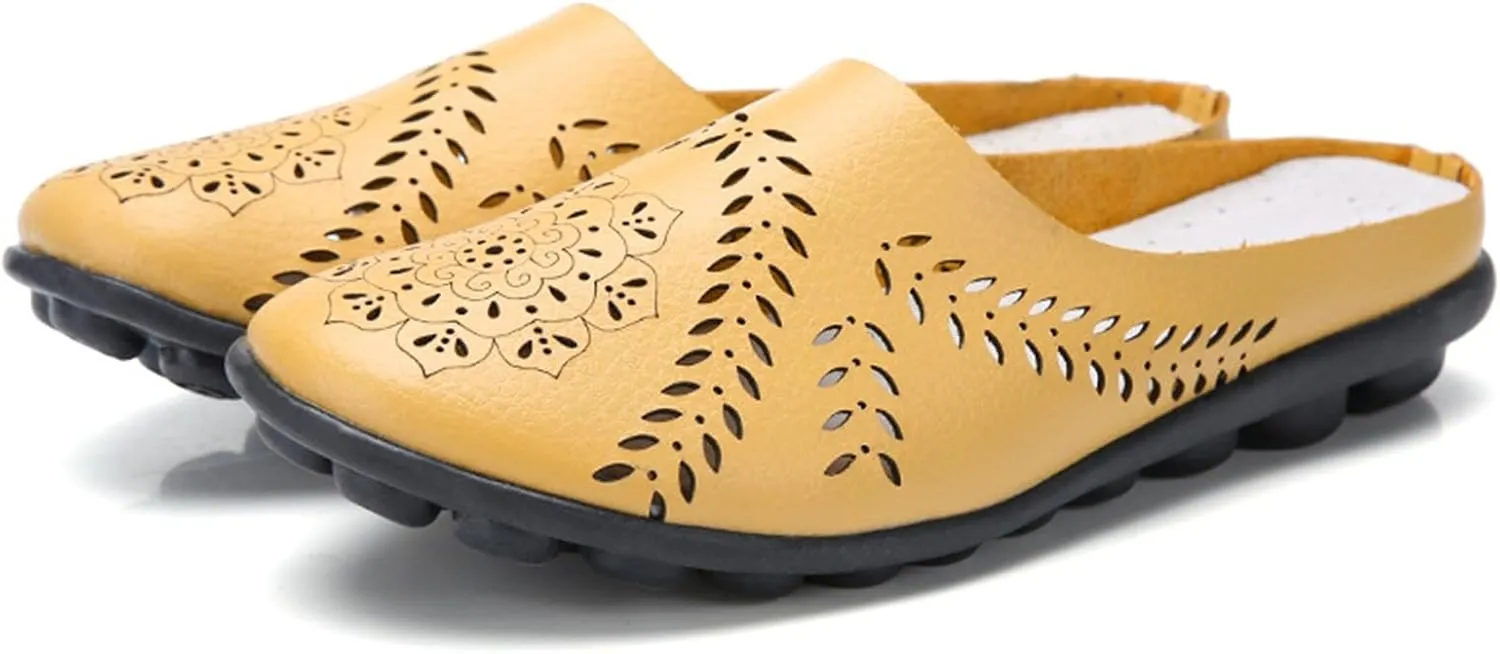 Womens Hollow Breathable Casual Mule Sandals Slip On Flat Loafers Outdoor Comfort Backless Slippers Hollow Slides Casual All-Match Summer Shoes