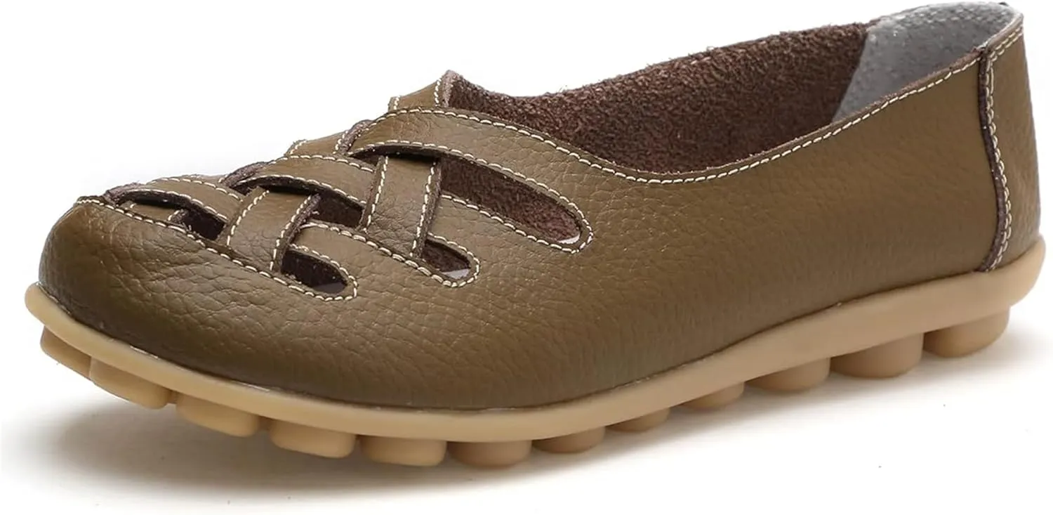 Women's Hollow Out Comfortable Leather Loafers Casual Round Toe Moccasins Wild Driving Flats Soft Walking Boat Shoes Women