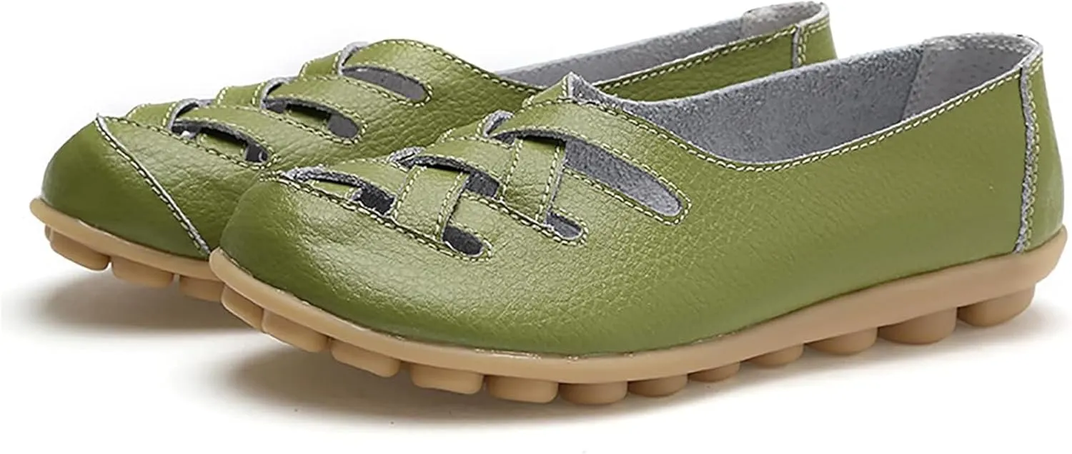 Women's Hollow Out Comfortable Leather Loafers Casual Round Toe Moccasins Wild Driving Flats Soft Walking Boat Shoes Women