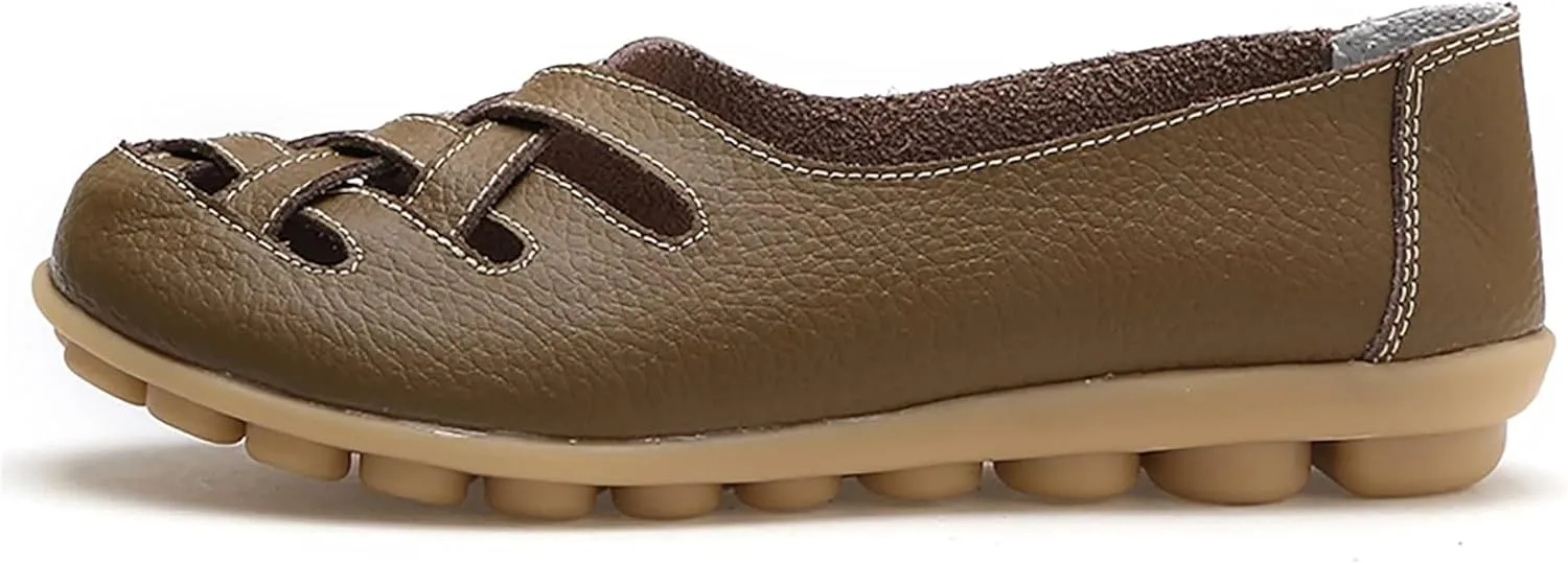 Women's Hollow Out Comfortable Leather Loafers Casual Round Toe Moccasins Wild Driving Flats Soft Walking Boat Shoes Women