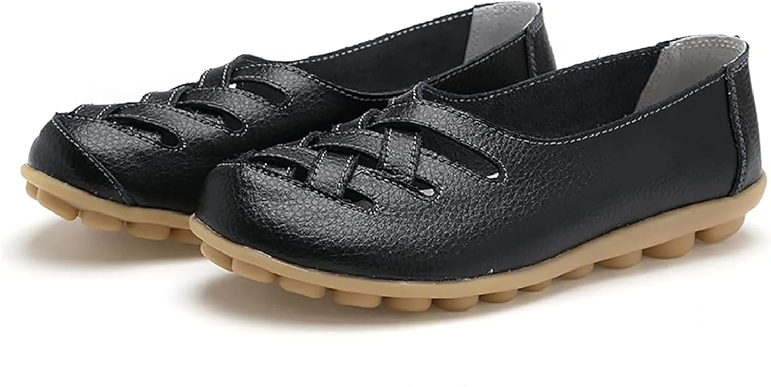 Women's Hollow Out Comfortable Leather Loafers Casual Round Toe Moccasins Wild Driving Flats Soft Walking Boat Shoes Women