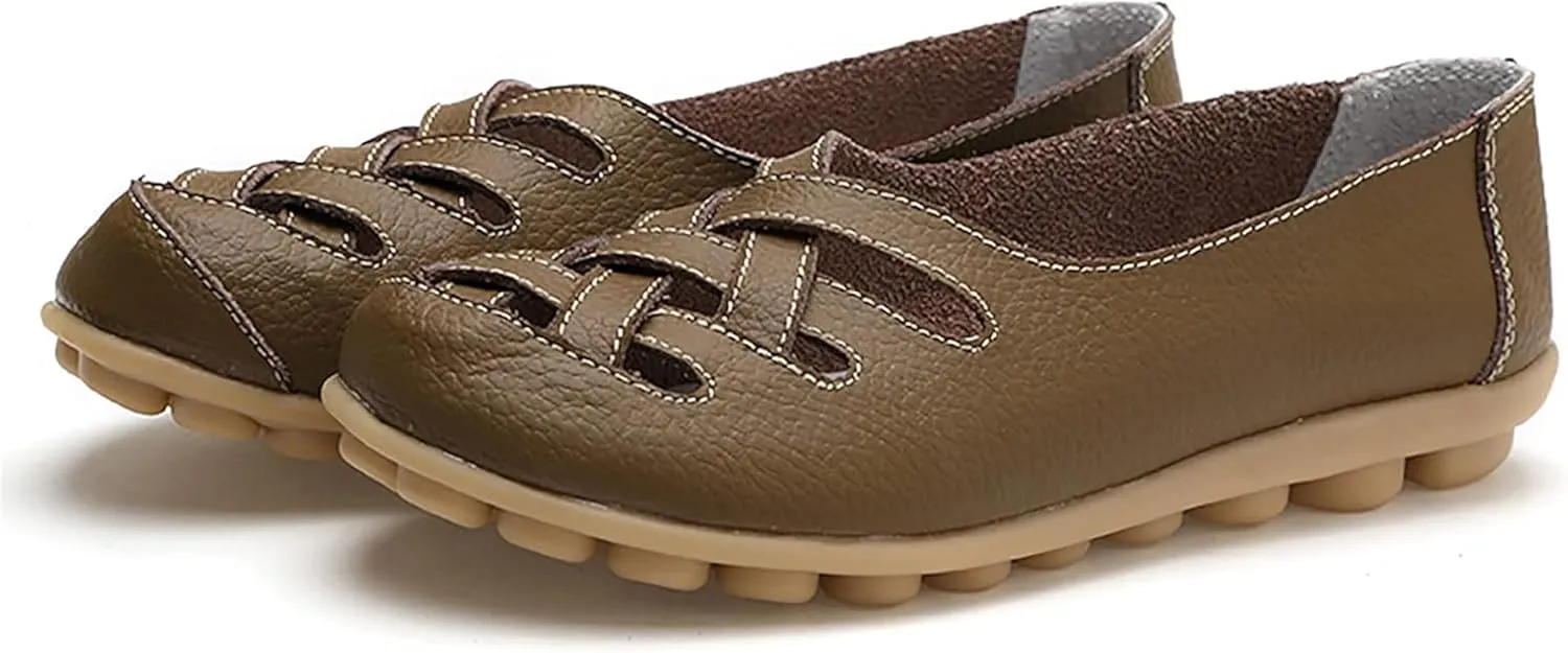 Women's Hollow Out Comfortable Leather Loafers Casual Round Toe Moccasins Wild Driving Flats Soft Walking Boat Shoes Women