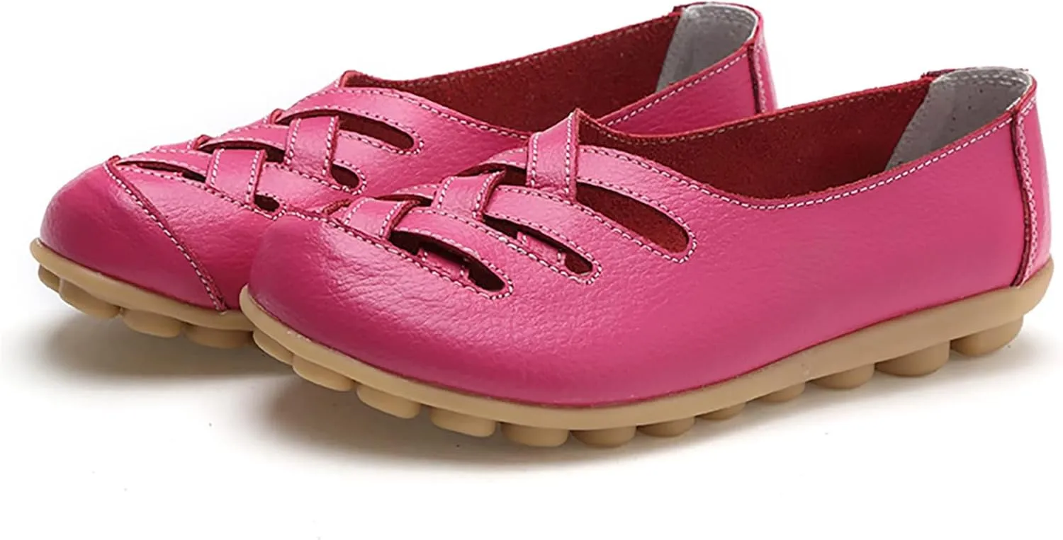 Women's Hollow Out Comfortable Leather Loafers Casual Round Toe Moccasins Wild Driving Flats Soft Walking Boat Shoes Women