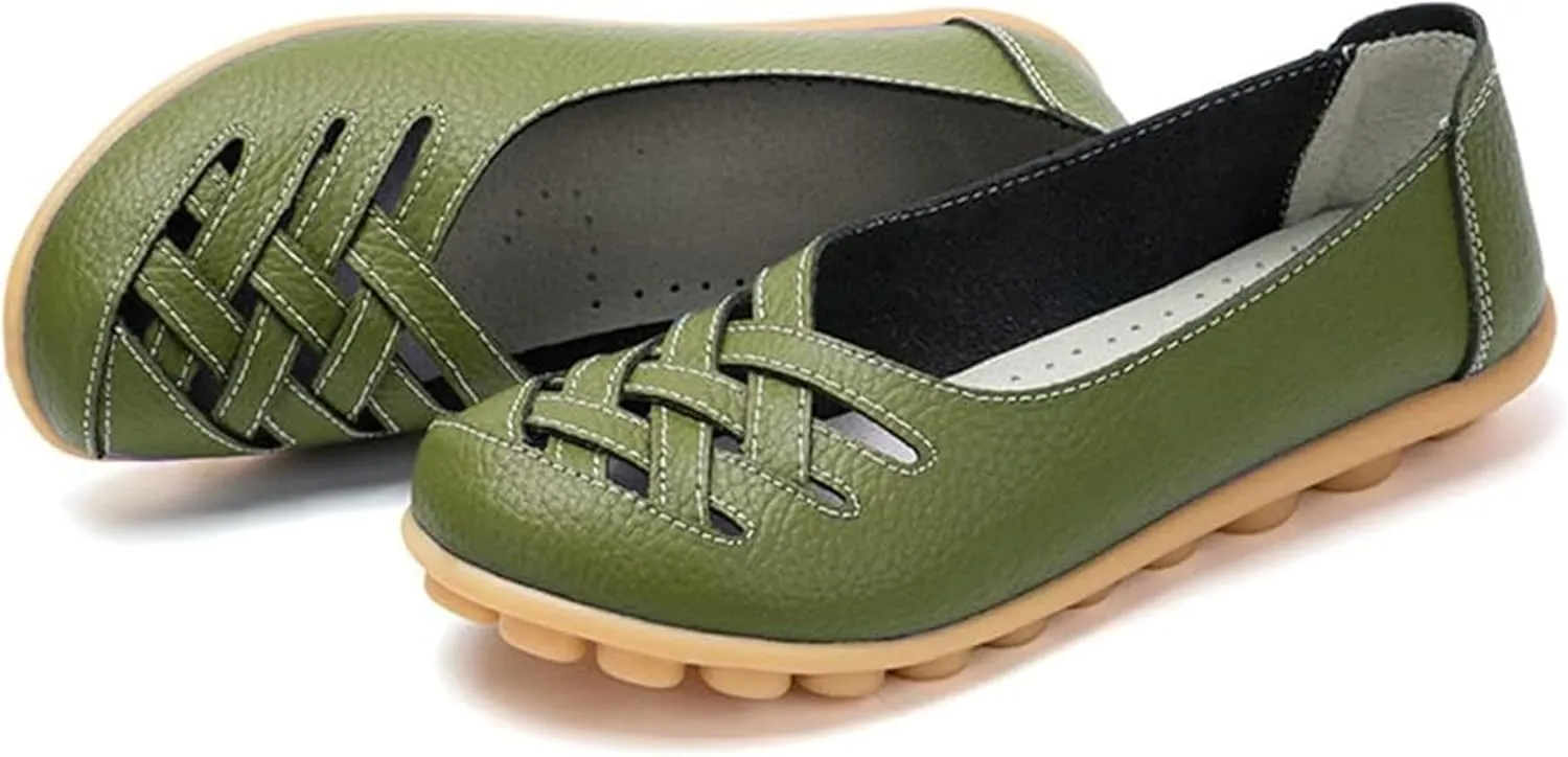 Women's Hollow Out Comfortable Leather Loafers Casual Round Toe Moccasins Wild Driving Flats Soft Walking Boat Shoes Women