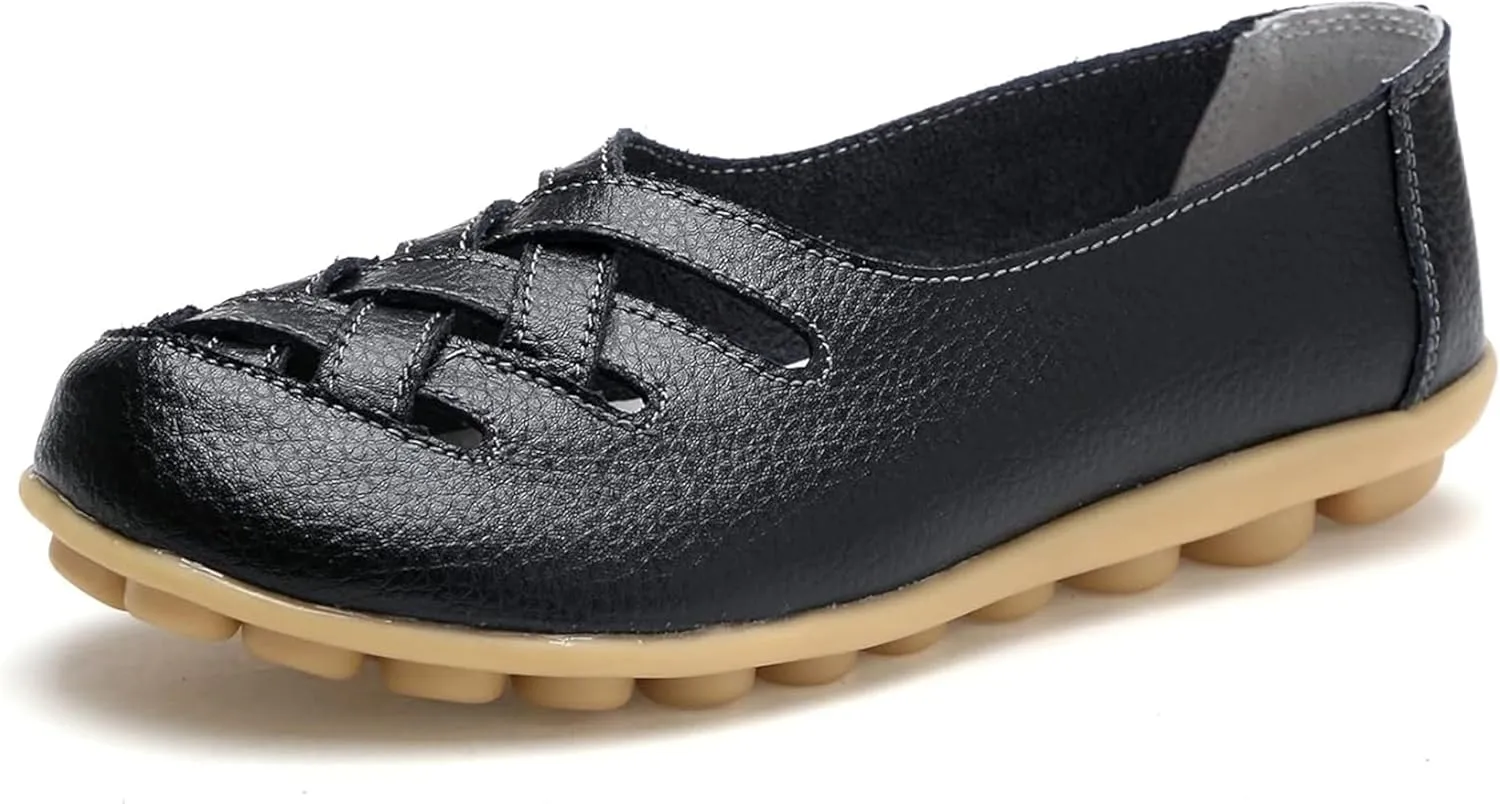 Women's Hollow Out Comfortable Leather Loafers Casual Round Toe Moccasins Wild Driving Flats Soft Walking Boat Shoes Women