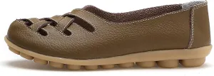 Women's Hollow Out Comfortable Leather Loafers Casual Round Toe Moccasins Wild Driving Flats Soft Walking Boat Shoes Women