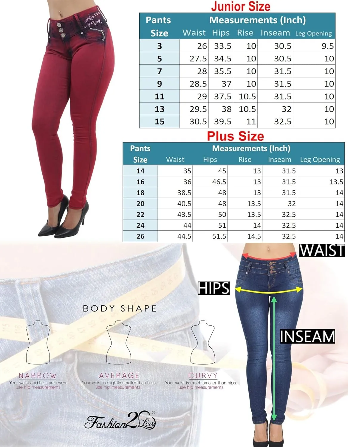 Women's Juniors/Plus Colombian Design Butt Lift Push Up Mid Waist Skinny Jeans