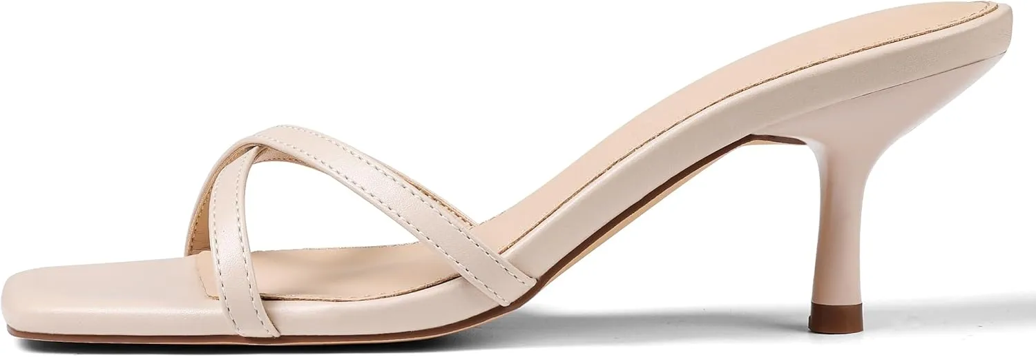 Womens Kitten Heels Open Square Toe Low Heeled Sandals Cross Band Slip on Stiletto Heels Comfort Mules Slides Summer Dress Pumps