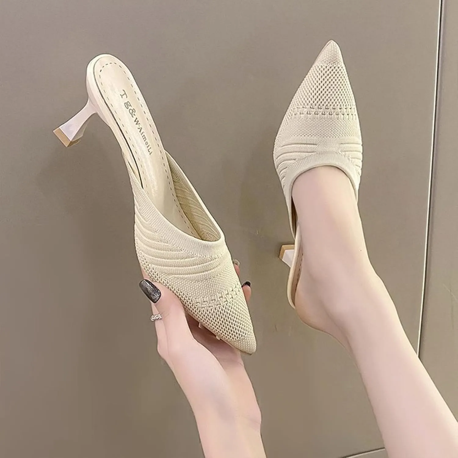 Women's Knit Pointed Toe Kitten Heels Mules Comfort Breathable Mesh Closed Toe Open Back Stiletto Pumps Summer Daily Prom Party Slides