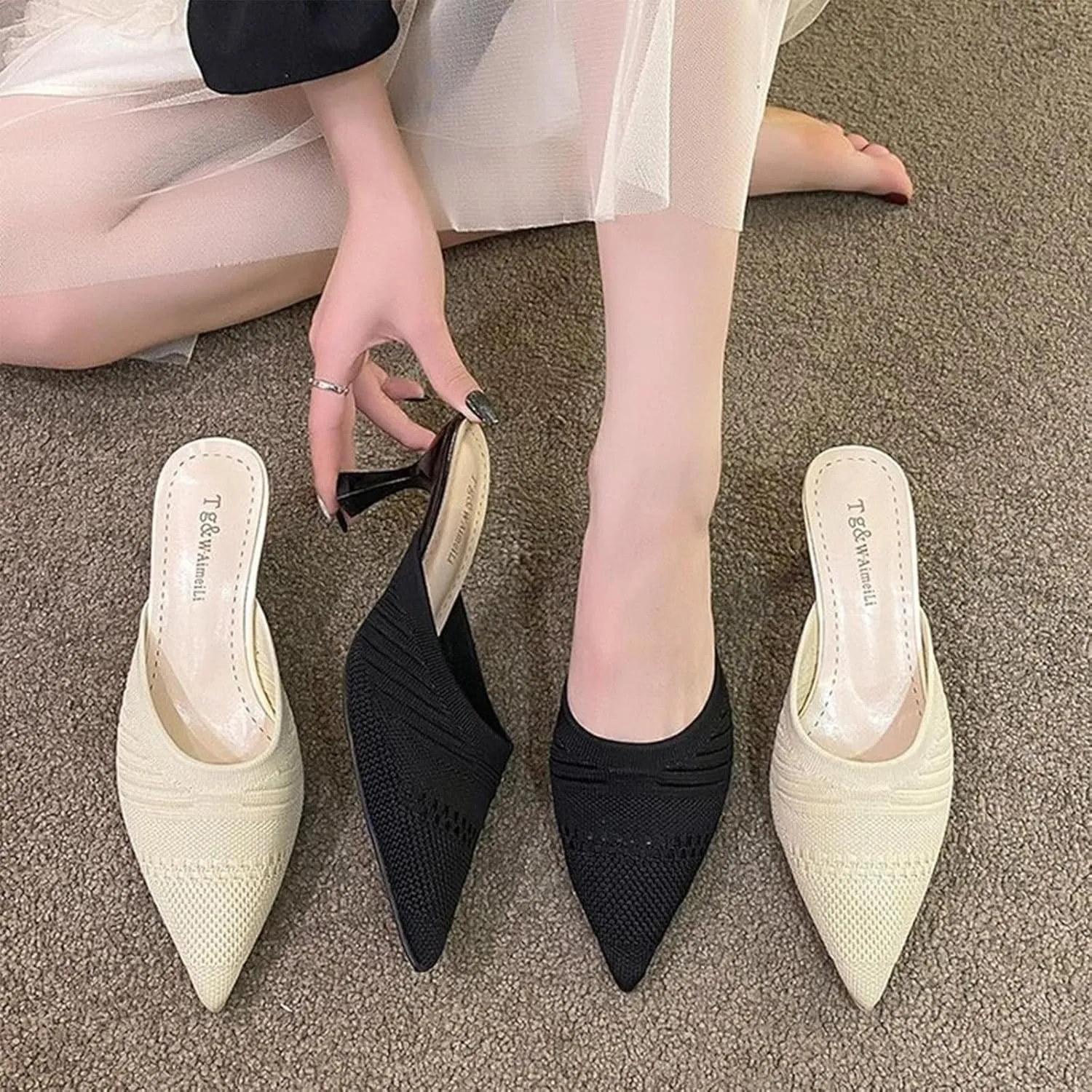 Women's Knit Pointed Toe Kitten Heels Mules Comfort Breathable Mesh Closed Toe Open Back Stiletto Pumps Summer Daily Prom Party Slides