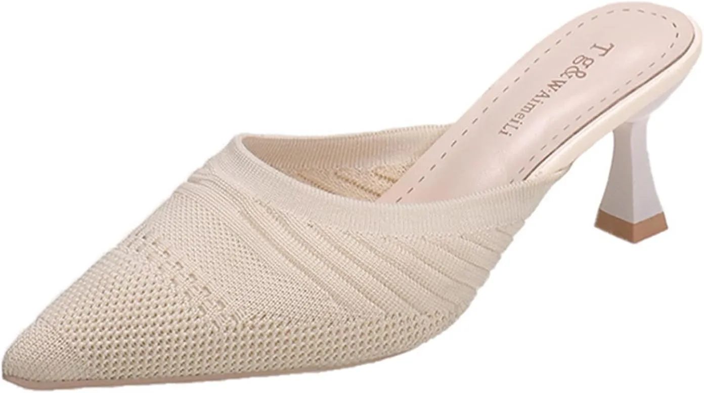 Women's Knit Pointed Toe Kitten Heels Mules Comfort Breathable Mesh Closed Toe Open Back Stiletto Pumps Summer Daily Prom Party Slides