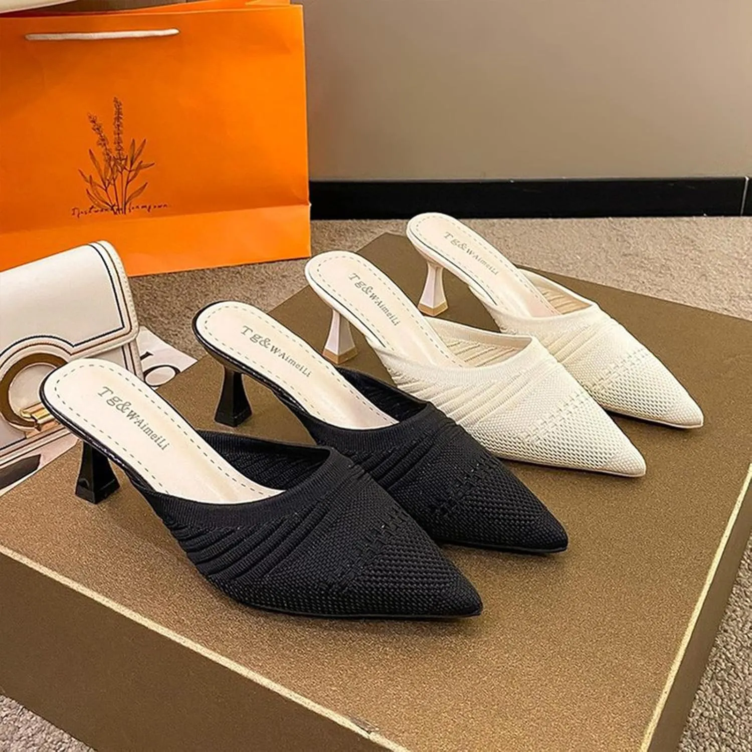 Women's Knit Pointed Toe Kitten Heels Mules Comfort Breathable Mesh Closed Toe Open Back Stiletto Pumps Summer Daily Prom Party Slides