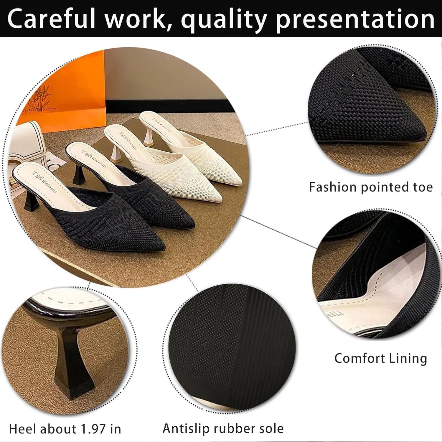Women's Knit Pointed Toe Kitten Heels Mules Comfort Breathable Mesh Closed Toe Open Back Stiletto Pumps Summer Daily Prom Party Slides