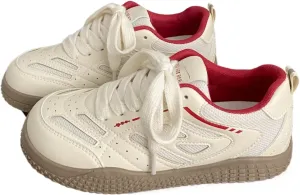 Women’s Korean Mesh Sneakers – Casual White Gump-Style Shoes, Breathable Colorblock Lace-Up Trainers for Students, Soft PU Leather Low-Tops