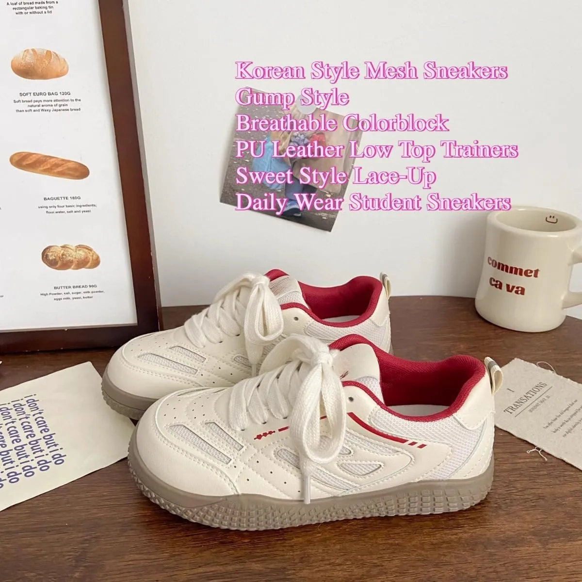 Women’s Korean Mesh Sneakers – Casual White Gump-Style Shoes, Breathable Colorblock Lace-Up Trainers for Students, Soft PU Leather Low-Tops