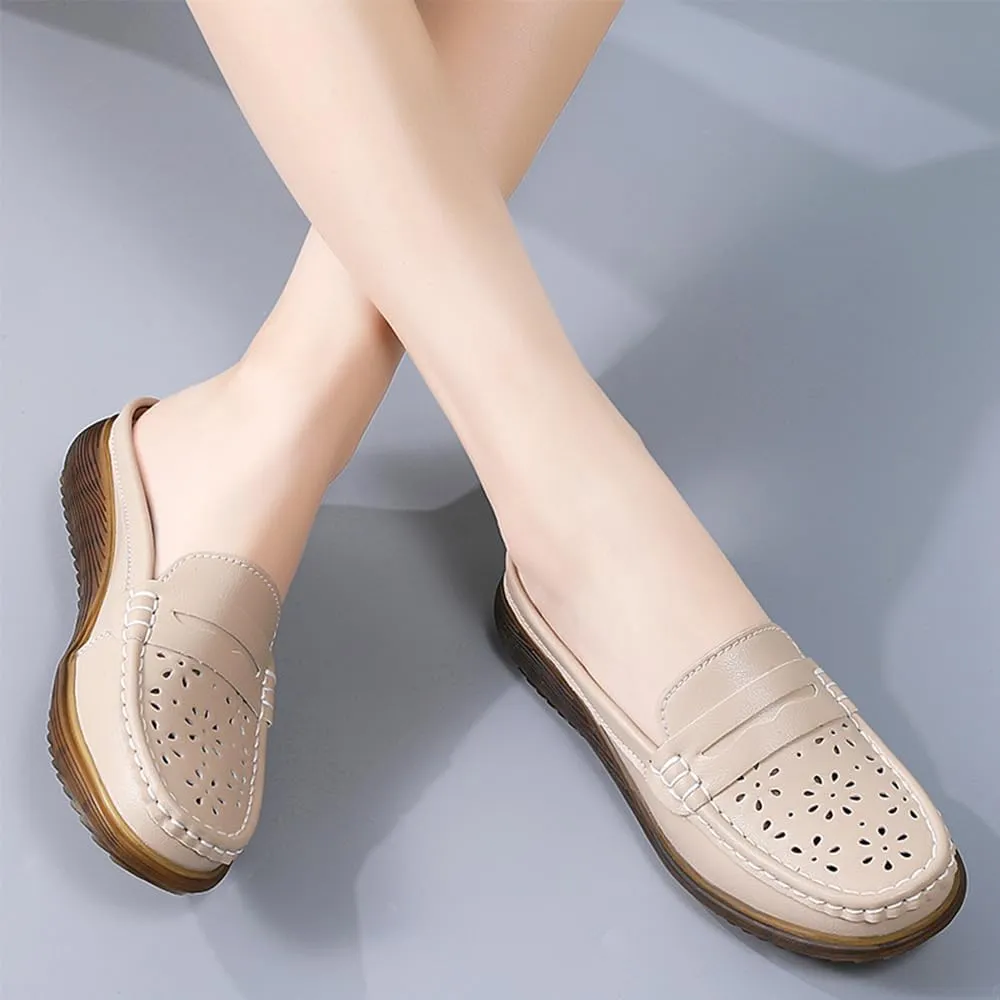 Women's Leather Closed Toe Clogs,Comfort Cutout Arch Support Softsole Slip-On Mules Loafers Slides