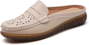 Women's Leather Closed Toe Clogs,Comfort Cutout Arch Support Softsole Slip-On Mules Loafers Slides