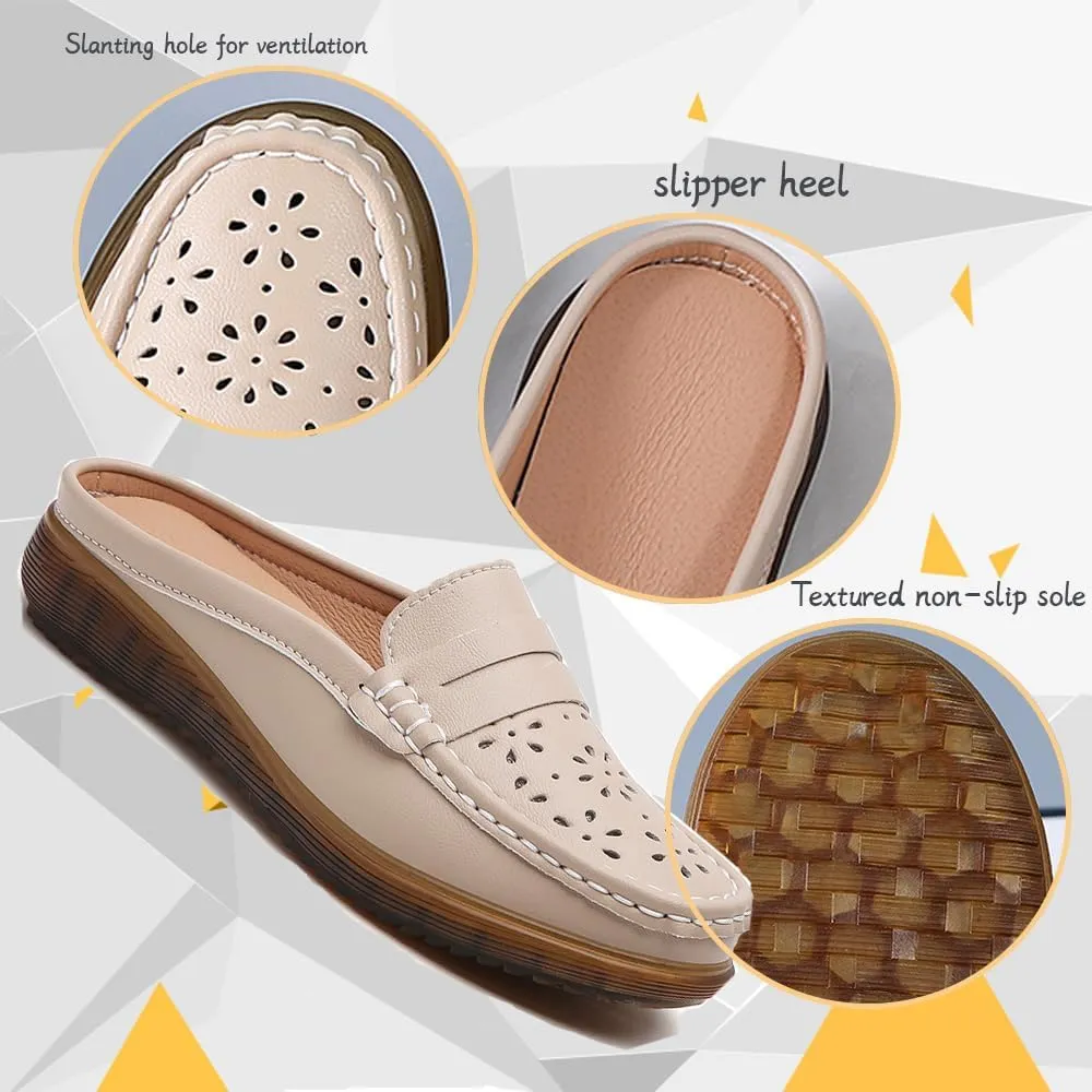 Women's Leather Closed Toe Clogs,Comfort Cutout Arch Support Softsole Slip-On Mules Loafers Slides