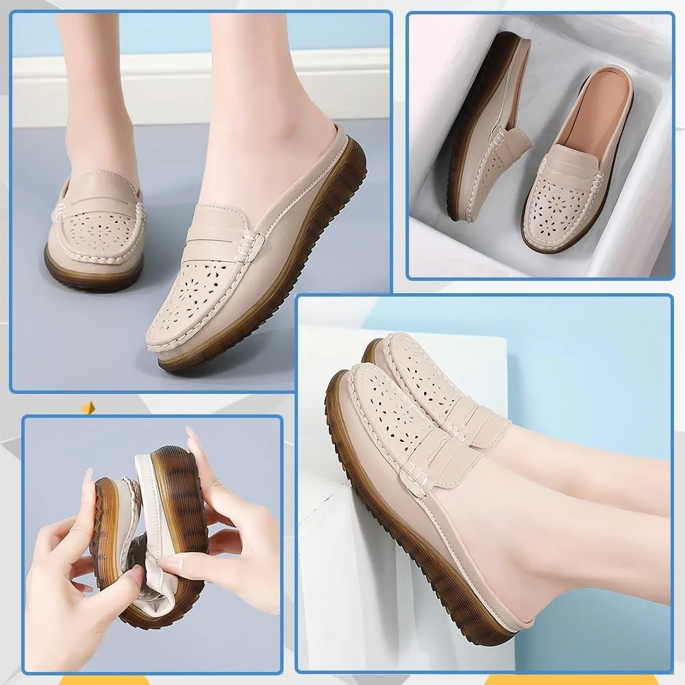 Women's Leather Closed Toe Clogs,Comfort Cutout Arch Support Softsole Slip-On Mules Loafers Slides